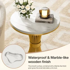 Tribesigns 20-Inch Round End Table, Faux Marble Side Table with Gold Metal Base