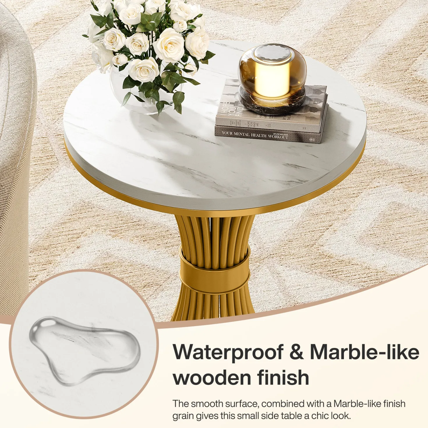 Tribesigns 20-Inch Round End Table, Faux Marble Side Table with Gold Metal Base
