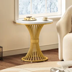 Tribesigns 20-Inch Round End Table, Faux Marble Side Table with Gold Metal Base