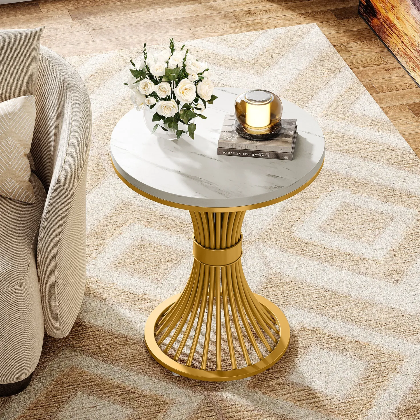 Tribesigns 20-Inch Round End Table, Faux Marble Side Table with Gold Metal Base