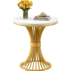Tribesigns 20-Inch Round End Table, Faux Marble Side Table with Gold Metal Base