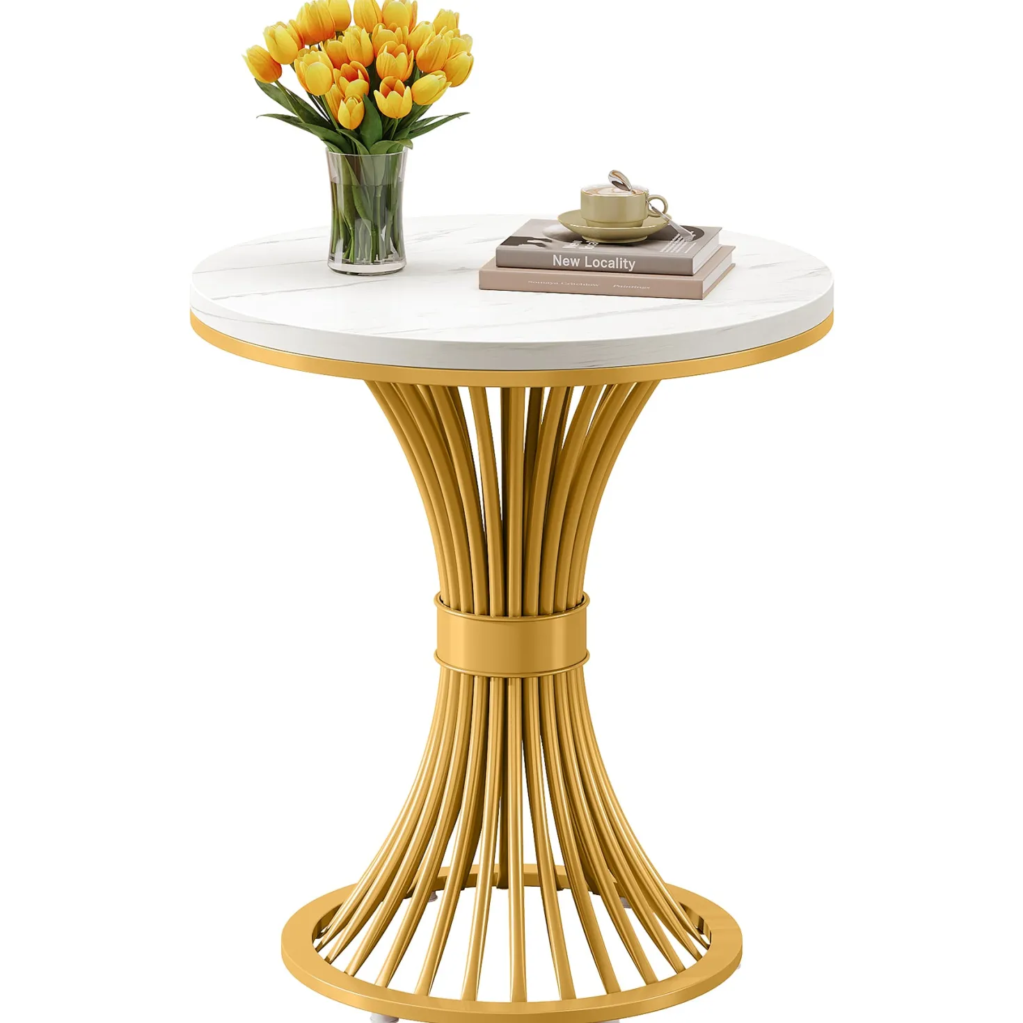 Tribesigns 20-Inch Round End Table, Faux Marble Side Table with Gold Metal Base