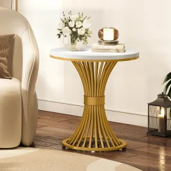 Tribesigns 20-Inch Round End Table, Faux Marble Side Table with Gold Metal Base