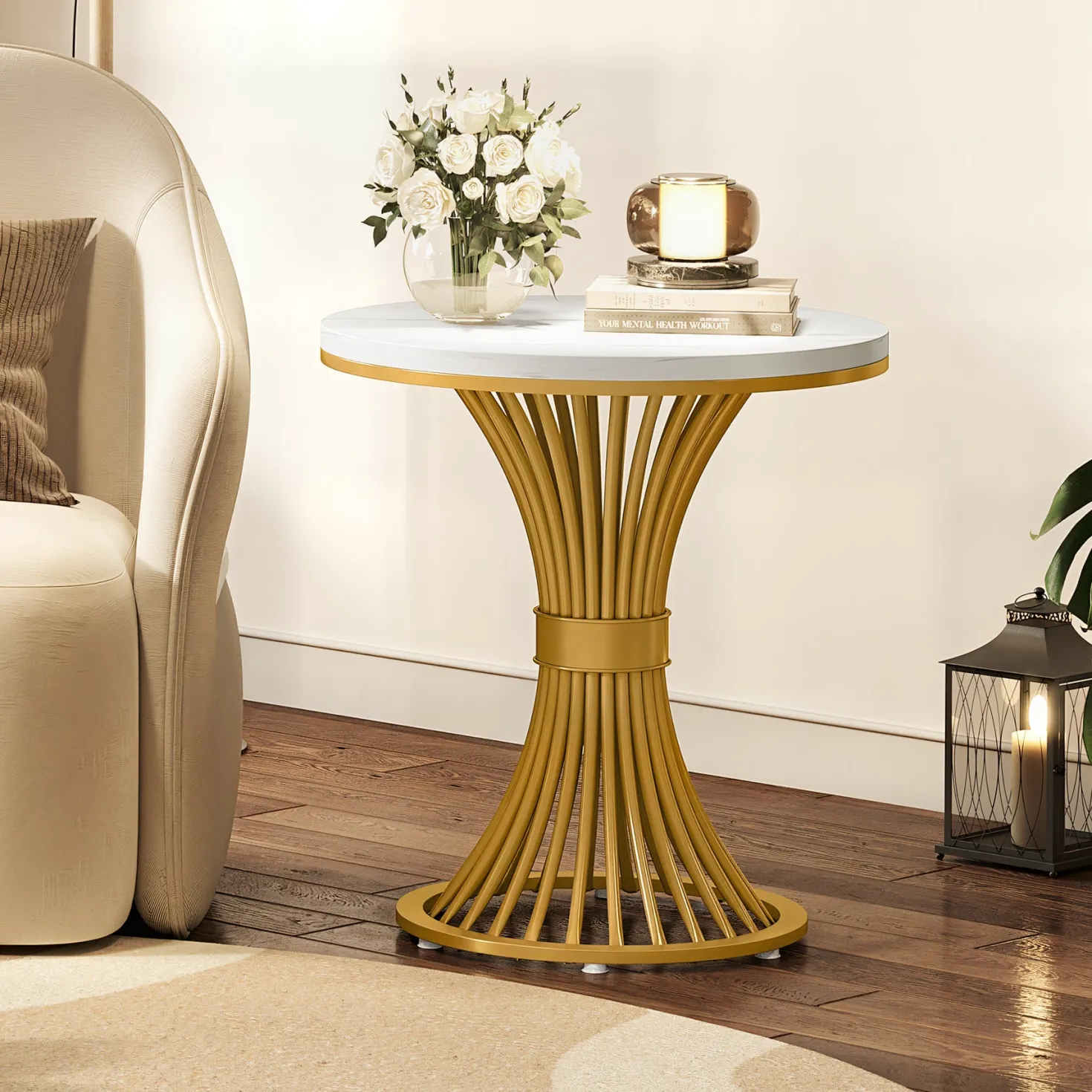 Tribesigns 20-Inch Round End Table, Faux Marble Side Table with Gold Metal Base