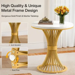 Tribesigns 20-Inch Round End Table, Faux Marble Side Table with Gold Metal Base