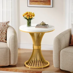 Tribesigns 20-Inch Round End Table, Faux Marble Side Table with Gold Metal Base