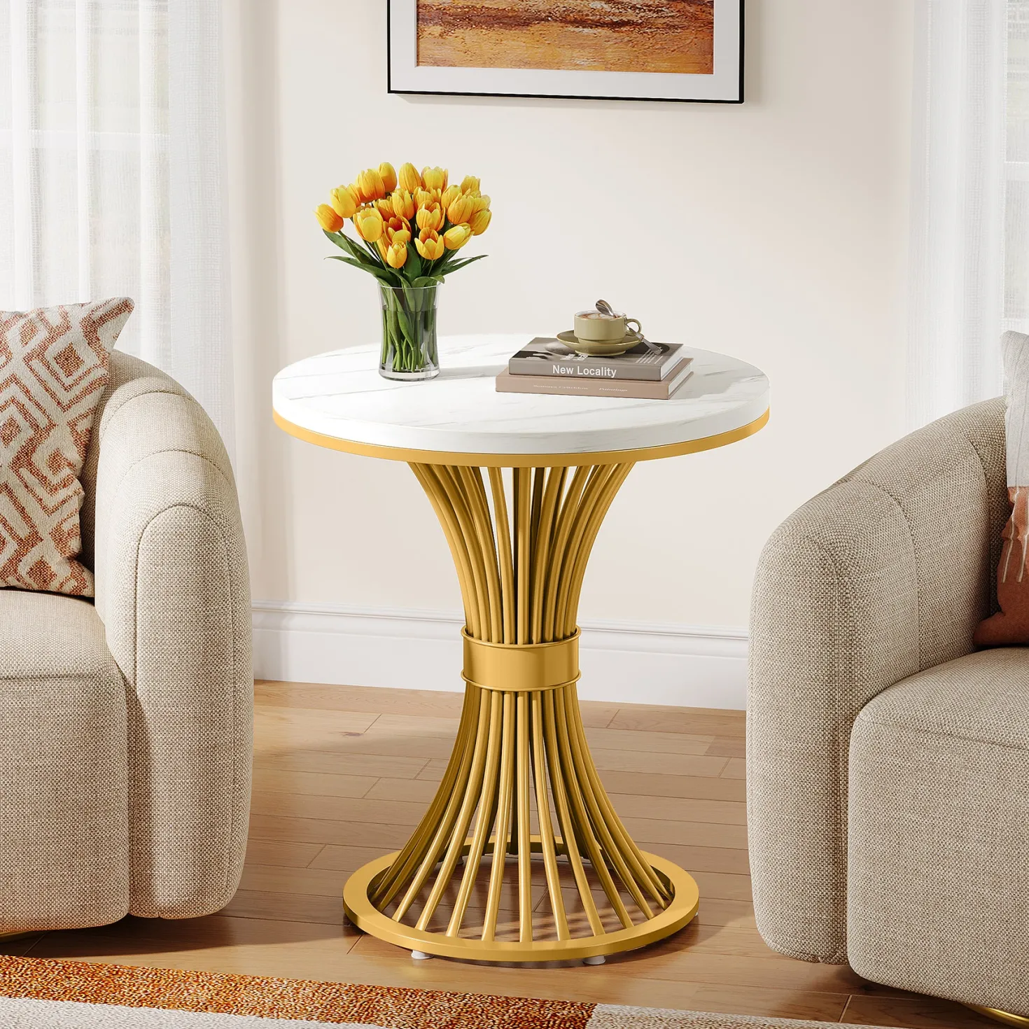 Tribesigns 20-Inch Round End Table, Faux Marble Side Table with Gold Metal Base