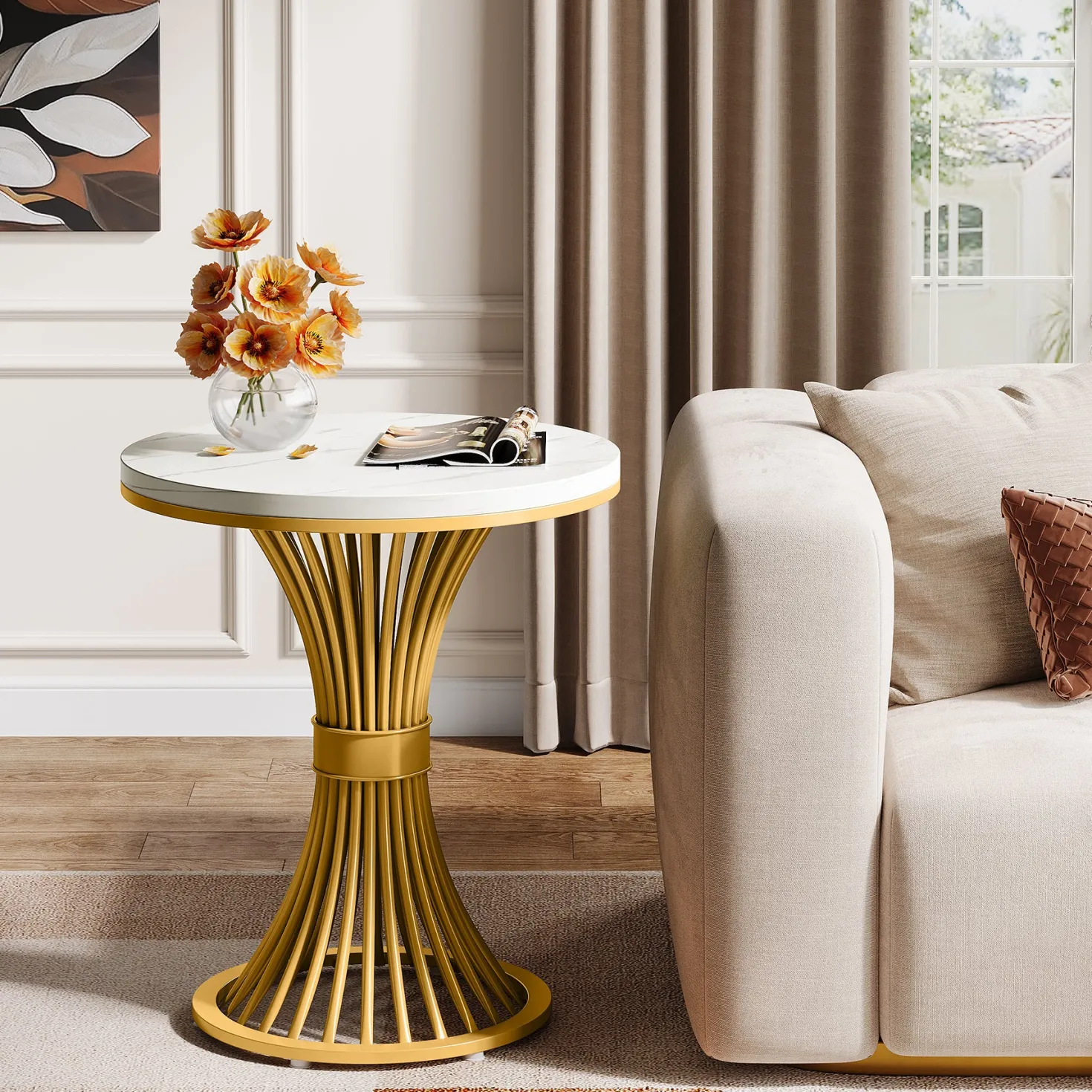 Tribesigns 20-Inch Round End Table, Faux Marble Side Table with Gold Metal Base
