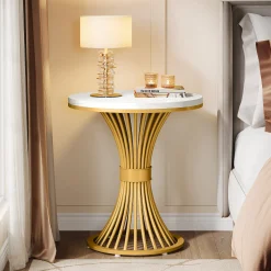 Tribesigns 20-Inch Round End Table, Faux Marble Side Table with Gold Metal Base
