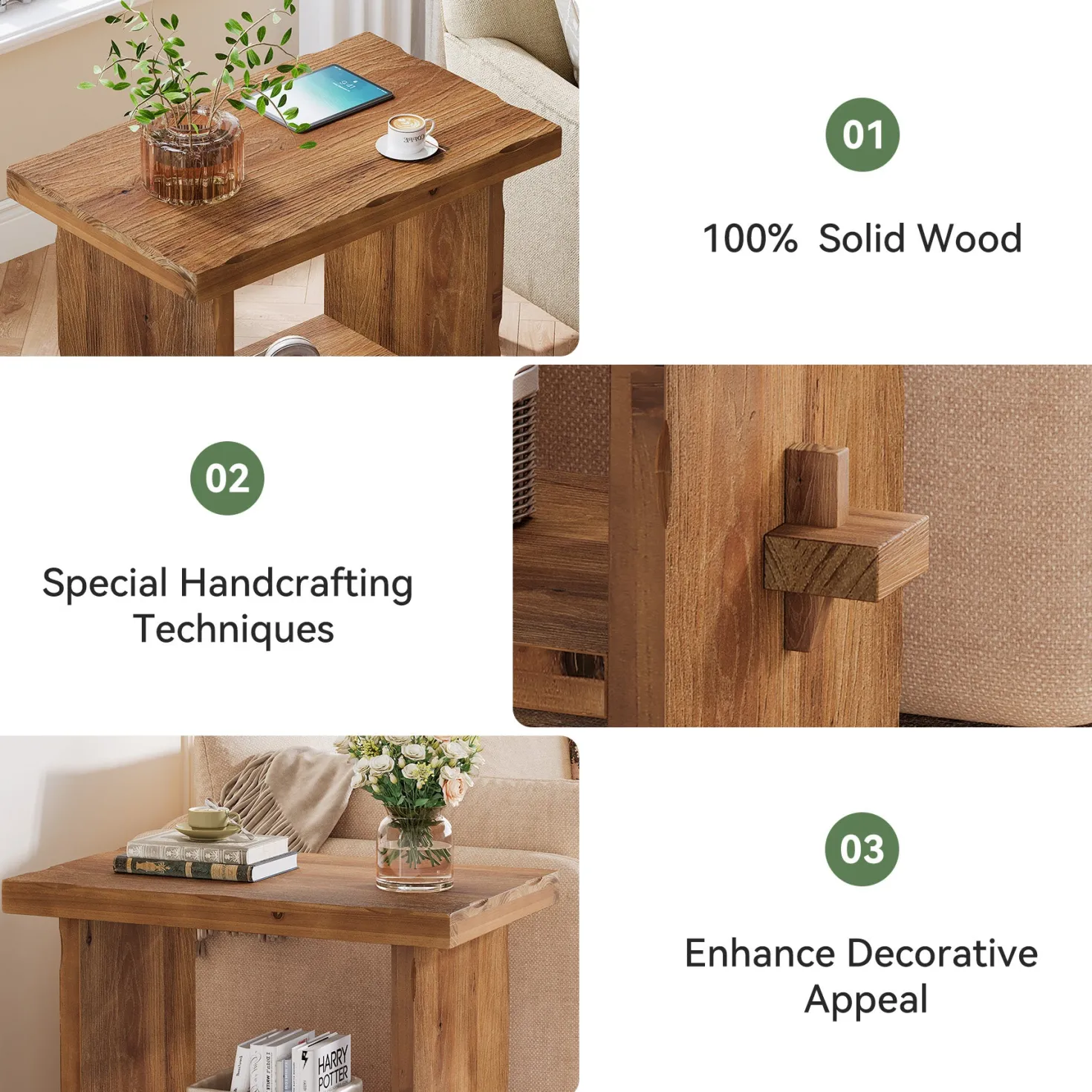 Tribesigns 23.62-Inch Solid Wood Side Table, Wooden End Table with Solid Base