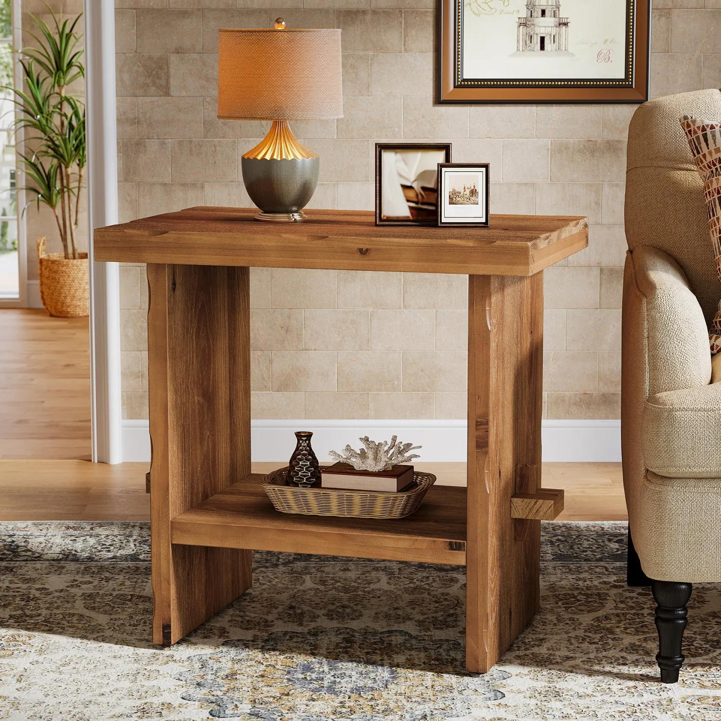 Tribesigns 23.62-Inch Solid Wood Side Table, Wooden End Table with Solid Base