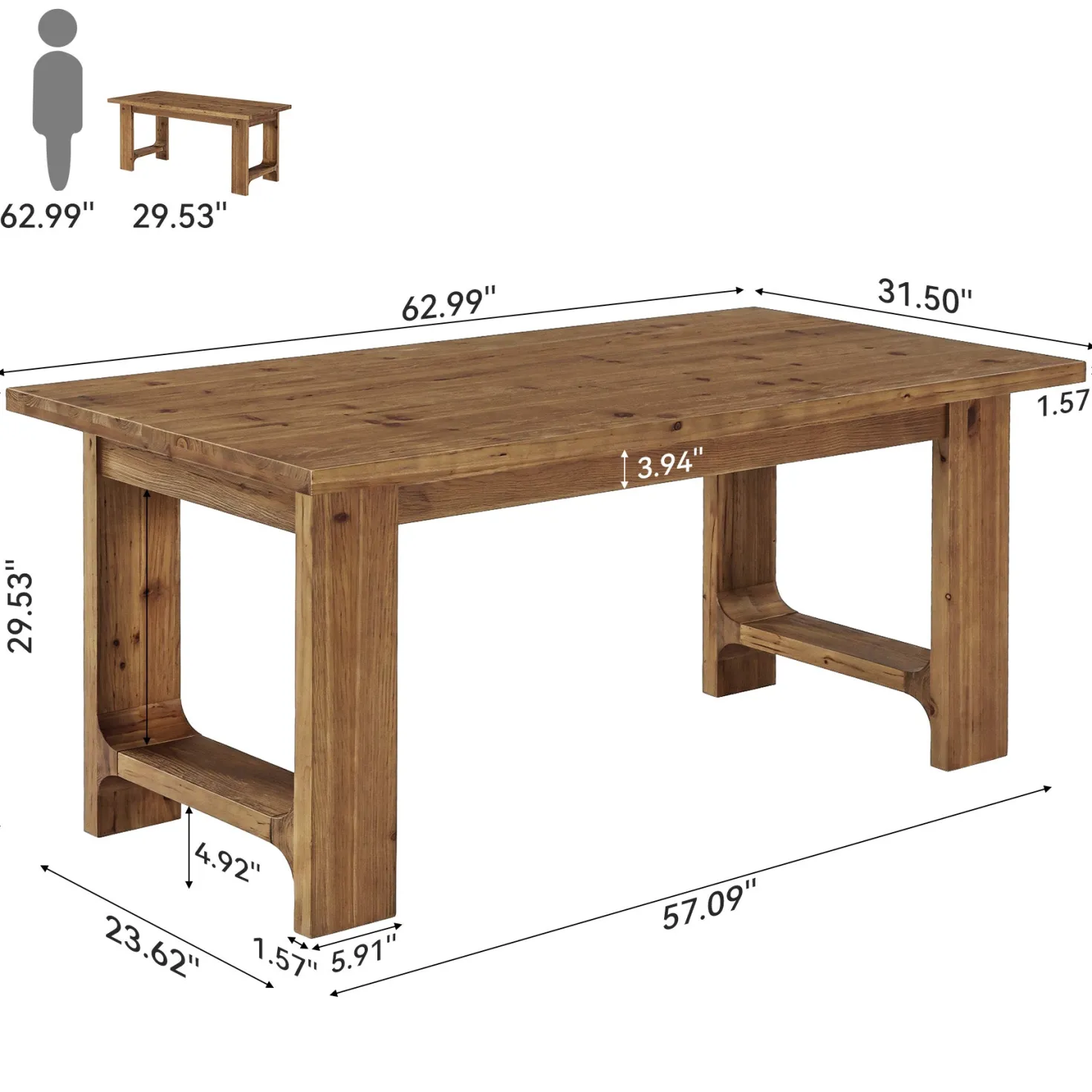 Tribesigns 63-Inch Solid Wood Executive Desk with U-Shaped Legs, Rustic Office Desk for Home Office