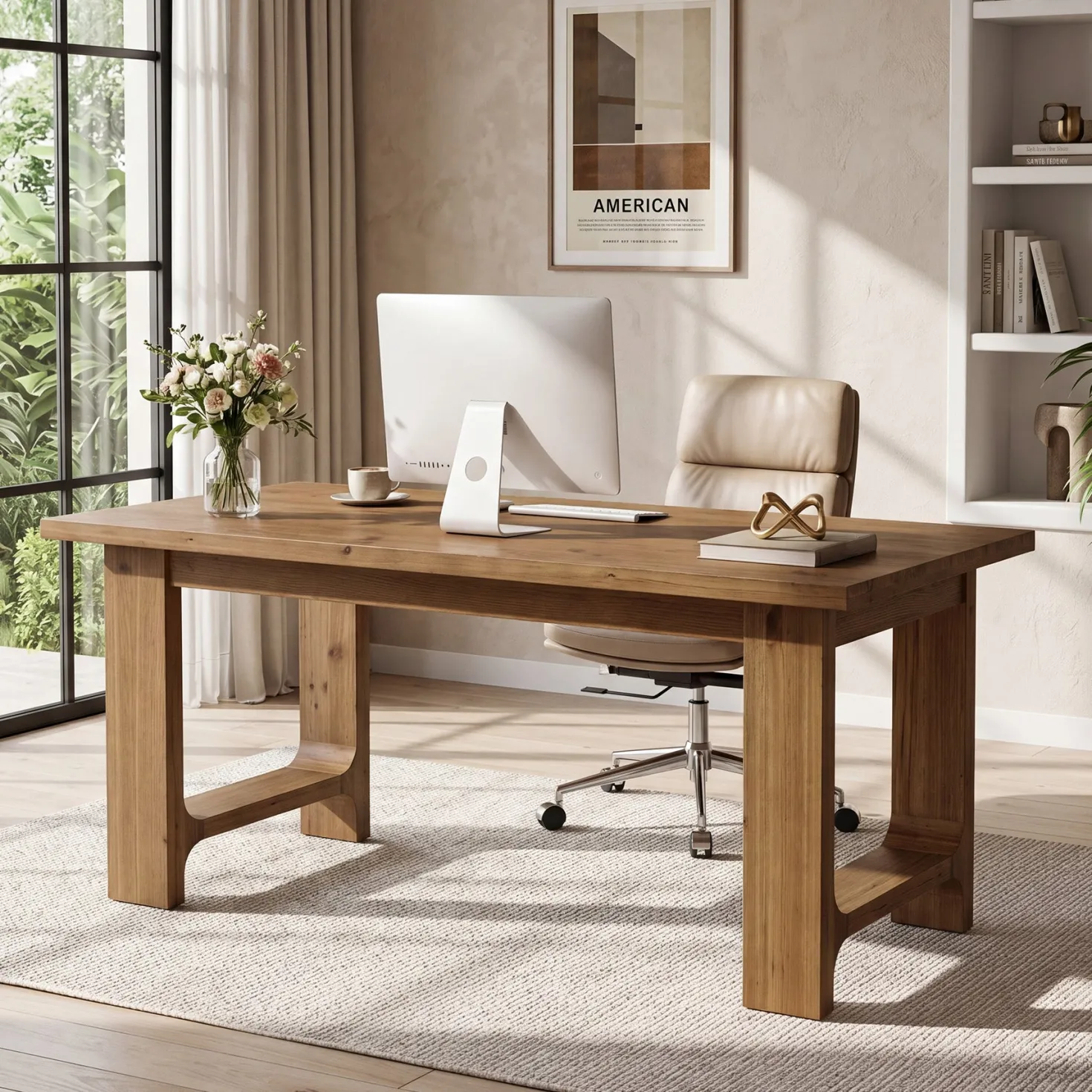 Tribesigns 63-Inch Solid Wood Executive Desk with U-Shaped Legs, Rustic Office Desk for Home Office