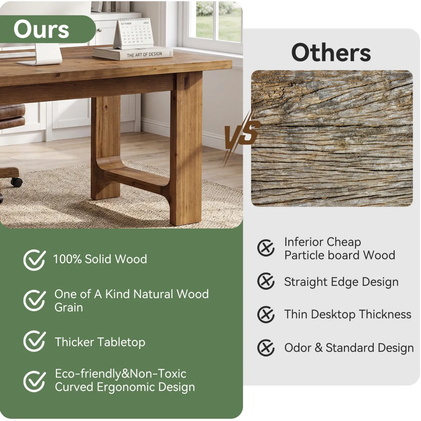 Tribesigns 63-Inch Solid Wood Executive Desk with U-Shaped Legs, Rustic Office Desk for Home Office