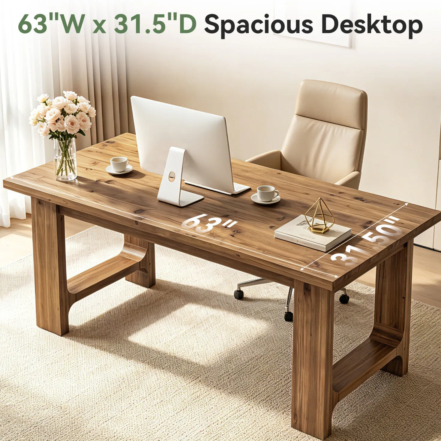 Tribesigns 63-Inch Solid Wood Executive Desk with U-Shaped Legs, Rustic Office Desk for Home Office