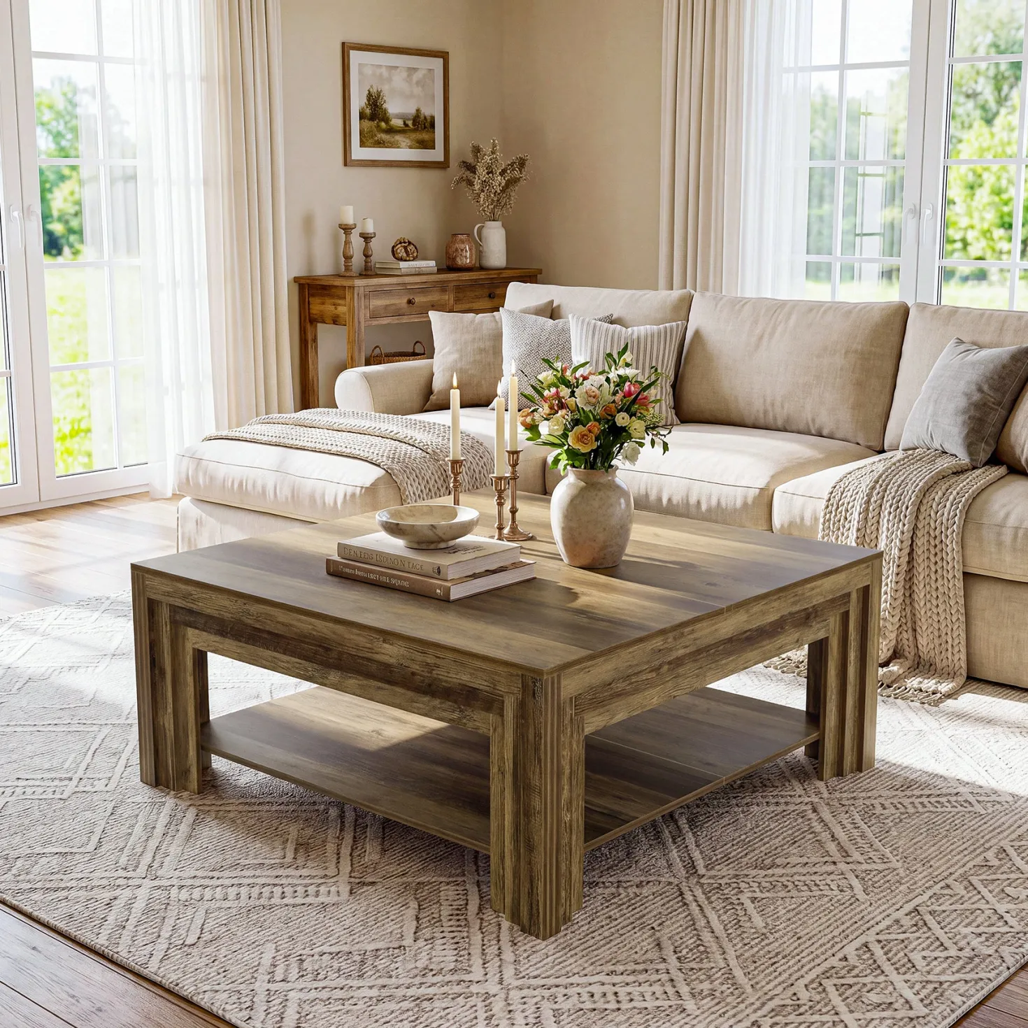 Tribesigns 39.37-Inch Square Coffee Table, Farmhouse Center Table with Shelf for Living Room