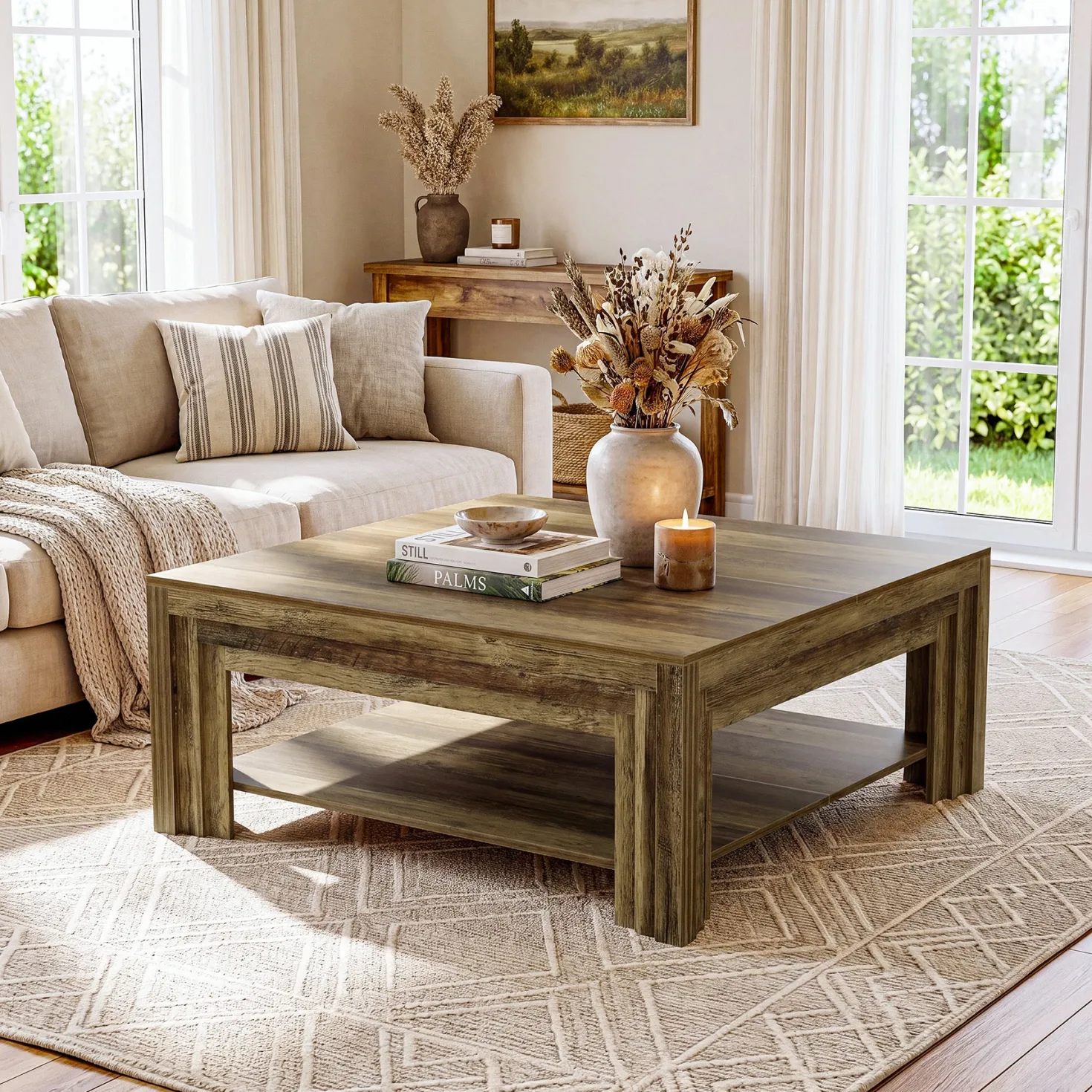 Tribesigns 39.37-Inch Square Coffee Table, Farmhouse Center Table with Shelf for Living Room