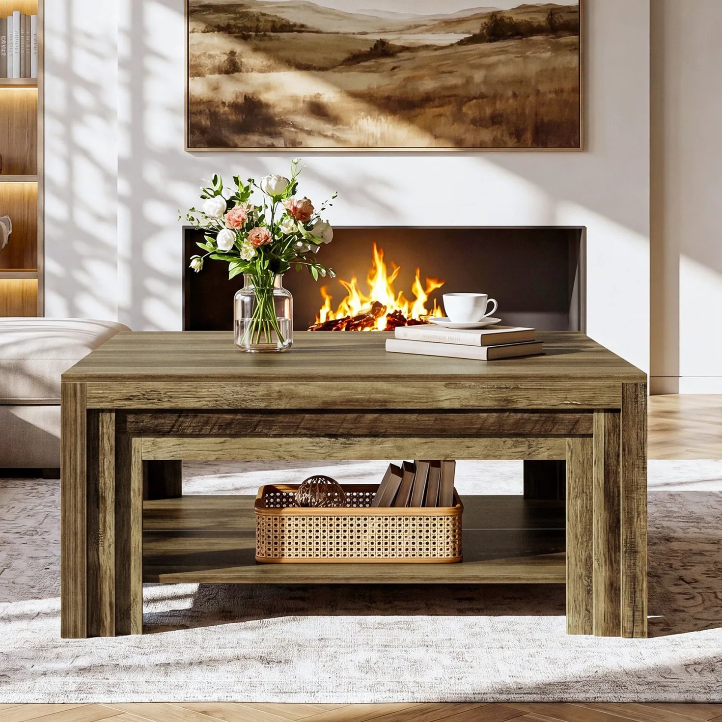 Tribesigns 39.37-Inch Square Coffee Table, Farmhouse Center Table with Shelf for Living Room
