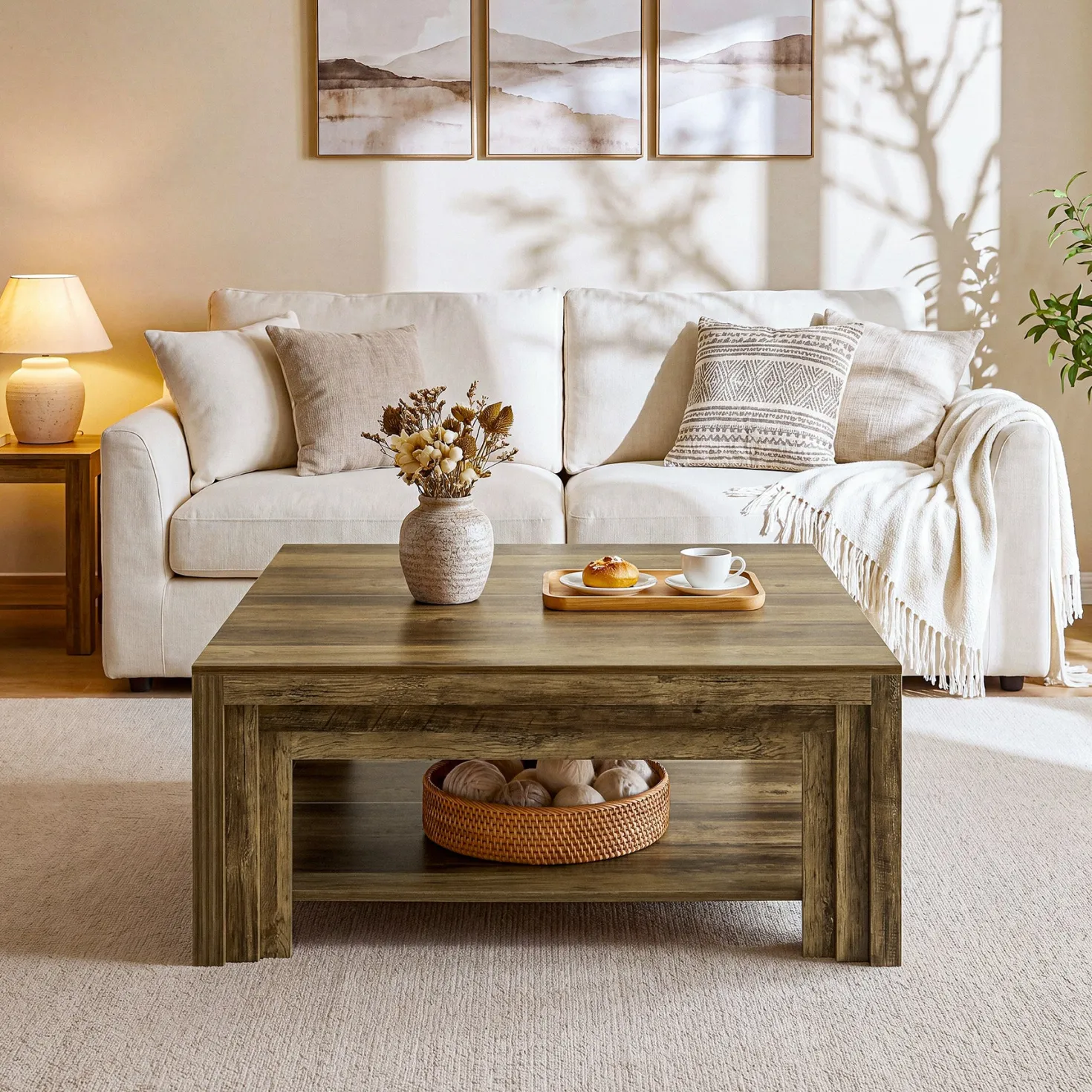 Tribesigns 39.37-Inch Square Coffee Table, Farmhouse Center Table with Shelf for Living Room