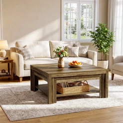 Tribesigns 39.37-Inch Square Coffee Table, Farmhouse Center Table with Shelf for Living Room