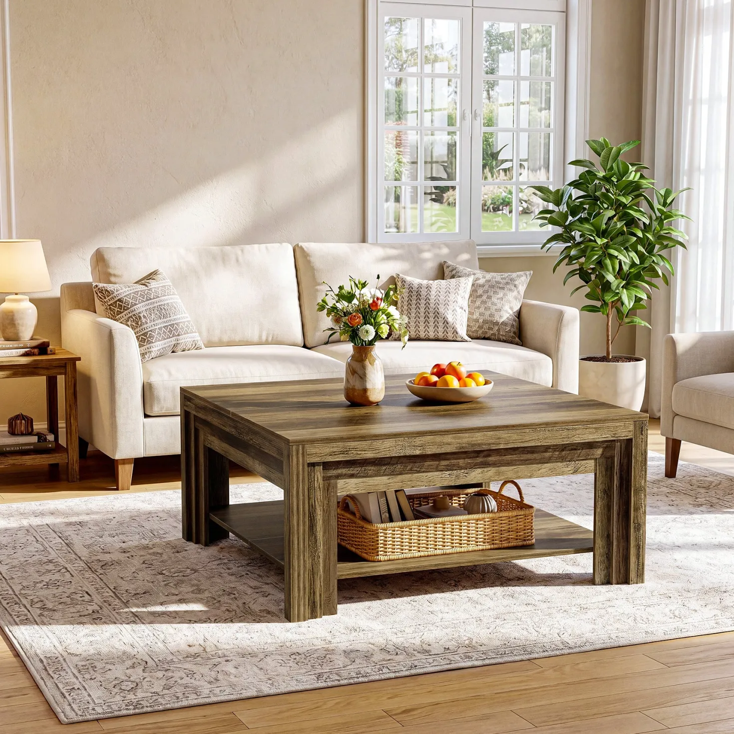 Tribesigns 39.37-Inch Square Coffee Table, Farmhouse Center Table with Shelf for Living Room