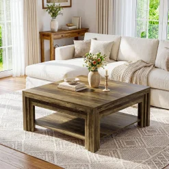 Tribesigns 39.37-Inch Square Coffee Table, Farmhouse Center Table with Shelf for Living Room