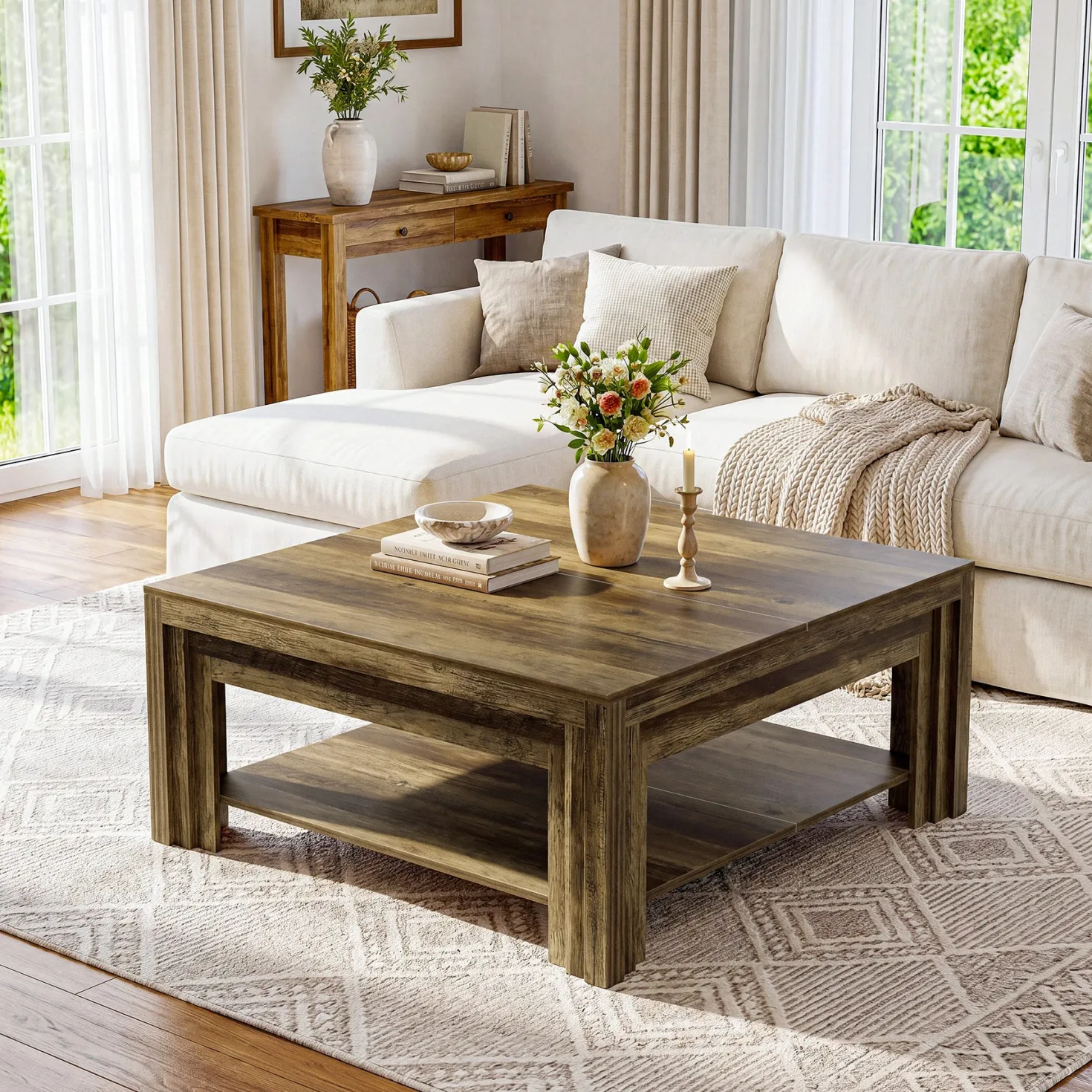 Tribesigns 39.37-Inch Square Coffee Table, Farmhouse Center Table with Shelf for Living Room