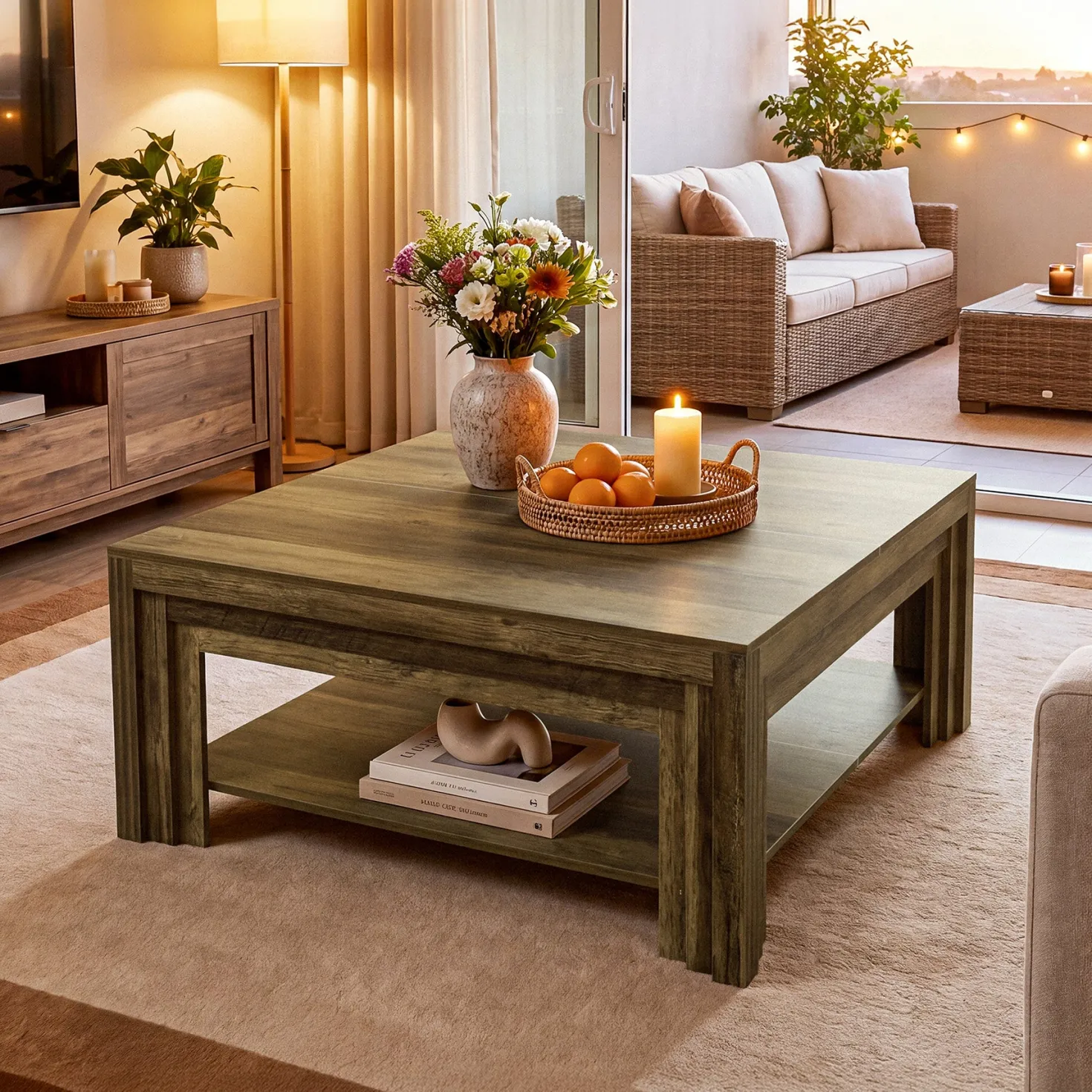 Tribesigns 39.37-Inch Square Coffee Table, Farmhouse Center Table with Shelf for Living Room