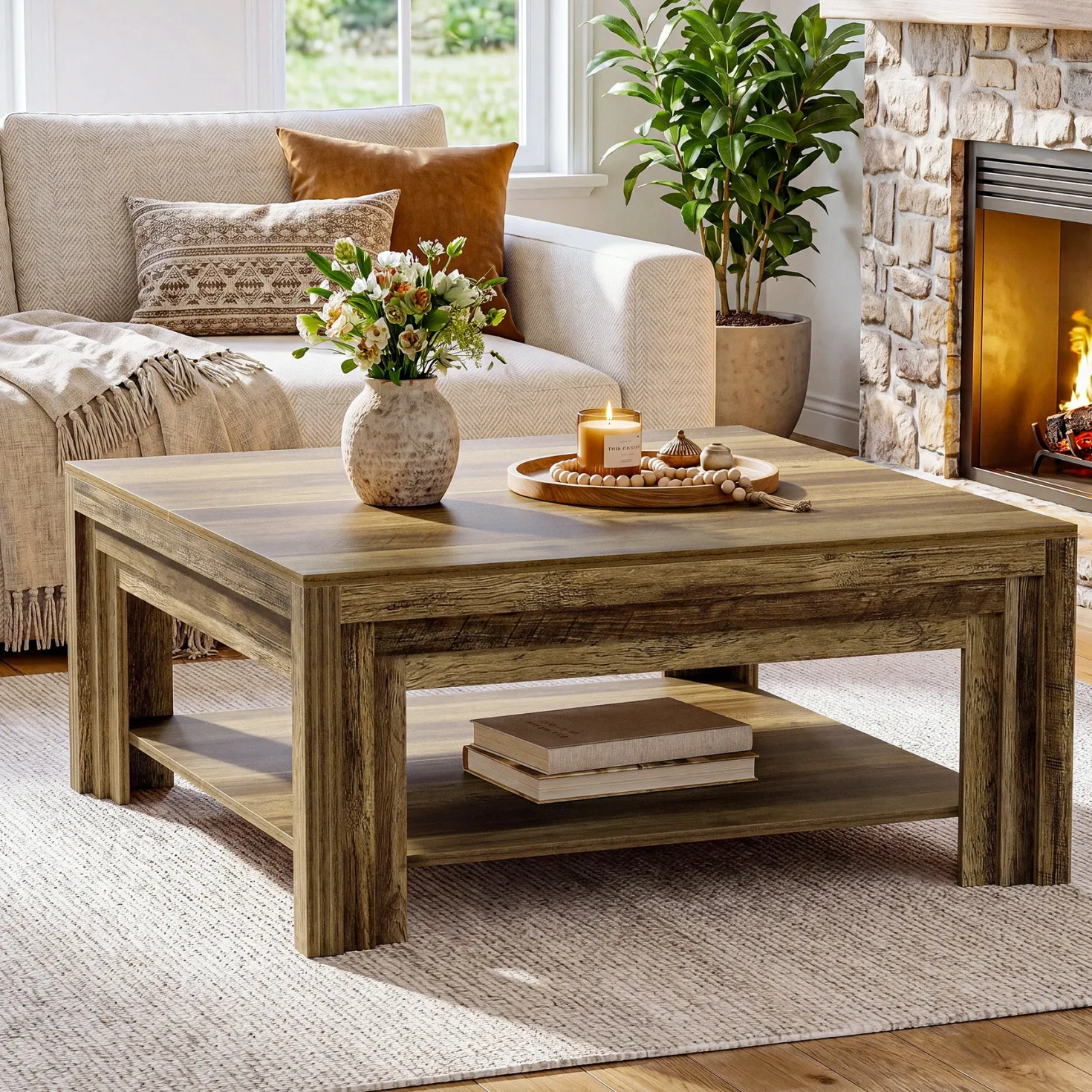 Tribesigns 39.37-Inch Square Coffee Table, Farmhouse Center Table with Shelf for Living Room