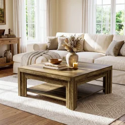 Tribesigns 39.37-Inch Square Coffee Table, Farmhouse Center Table with Shelf for Living Room