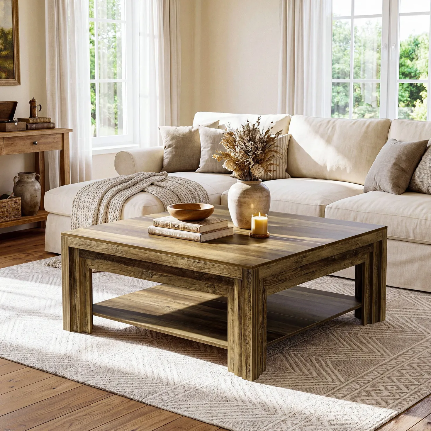 Tribesigns 39.37-Inch Square Coffee Table, Farmhouse Center Table with Shelf for Living Room