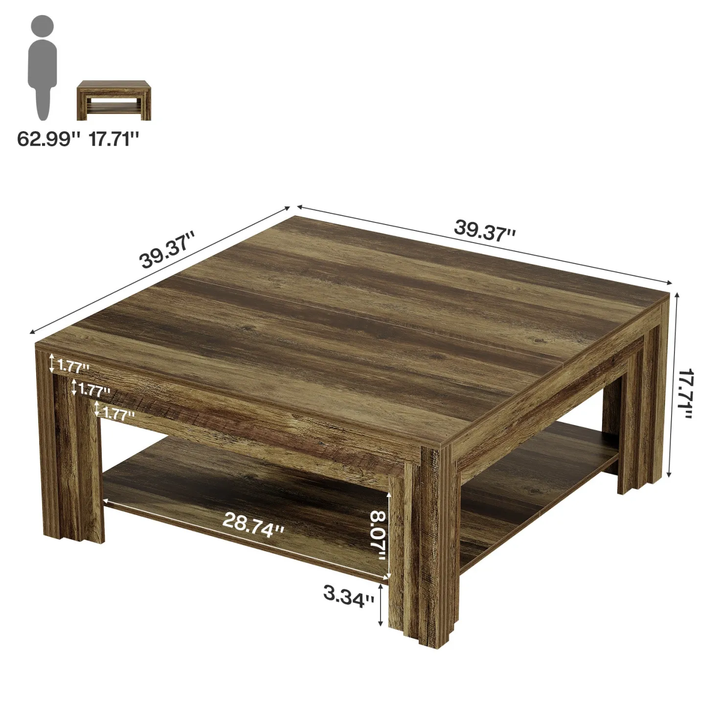Tribesigns 39.37-Inch Square Coffee Table, Farmhouse Center Table with Shelf for Living Room