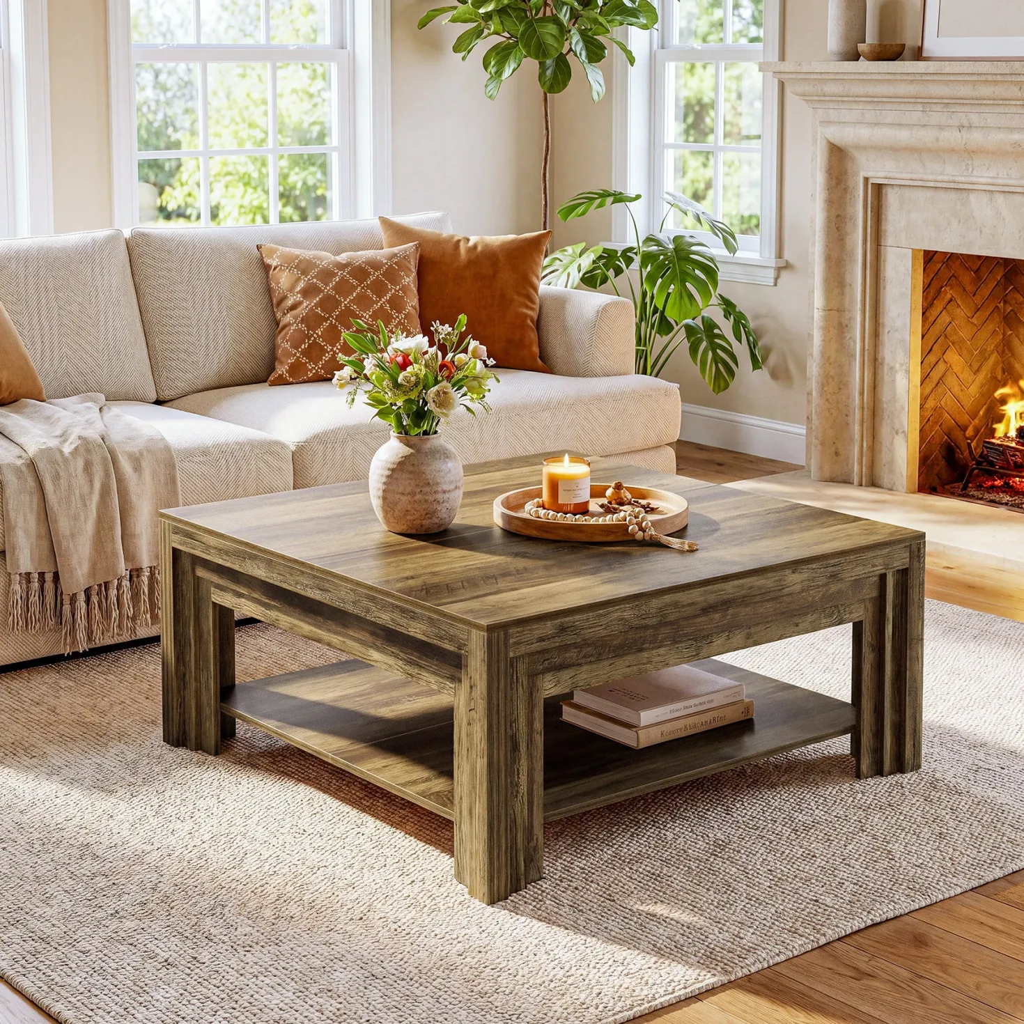 Tribesigns 39.37-Inch Square Coffee Table, Farmhouse Center Table with Shelf for Living Room