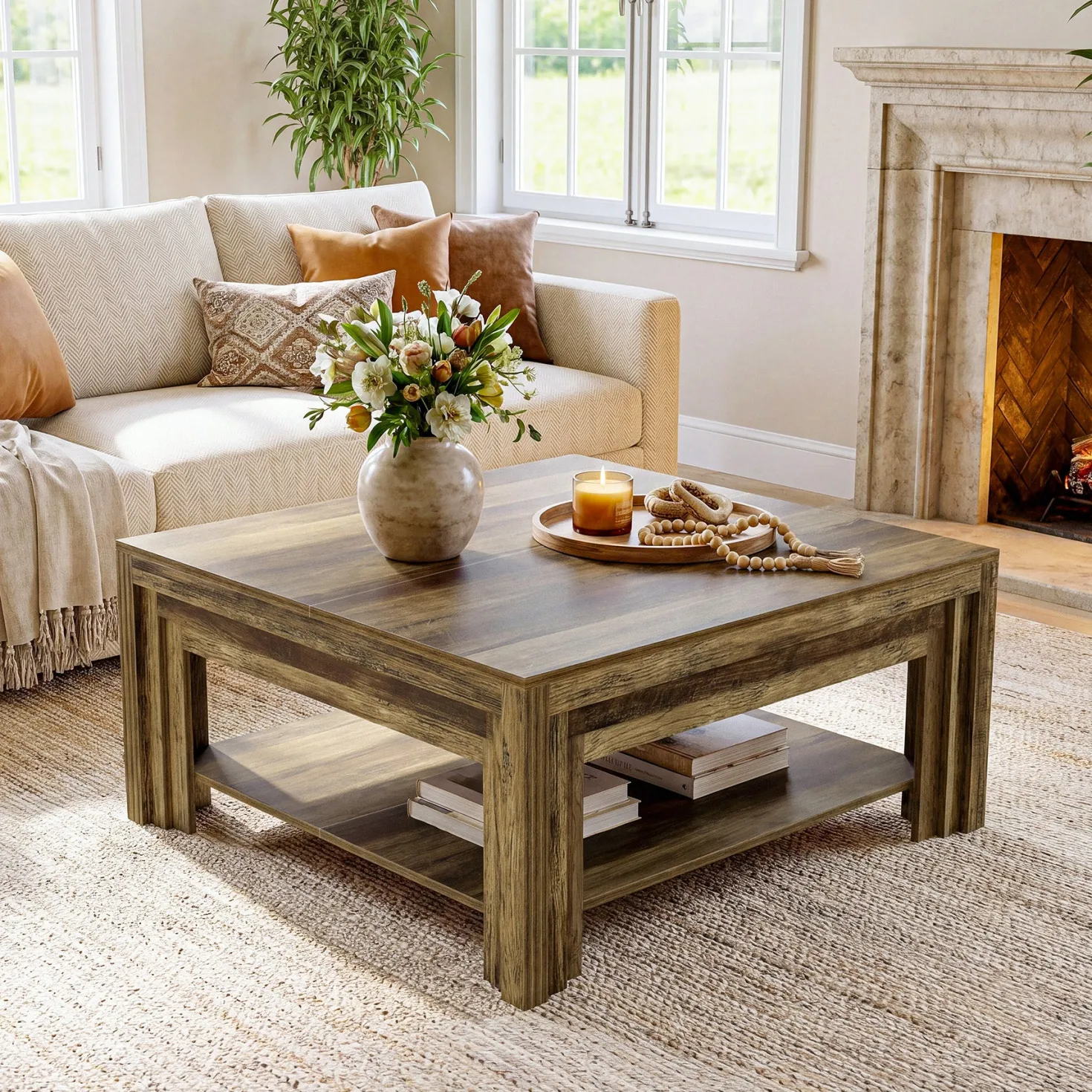 Tribesigns 39.37-Inch Square Coffee Table, Farmhouse Center Table with Shelf for Living Room
