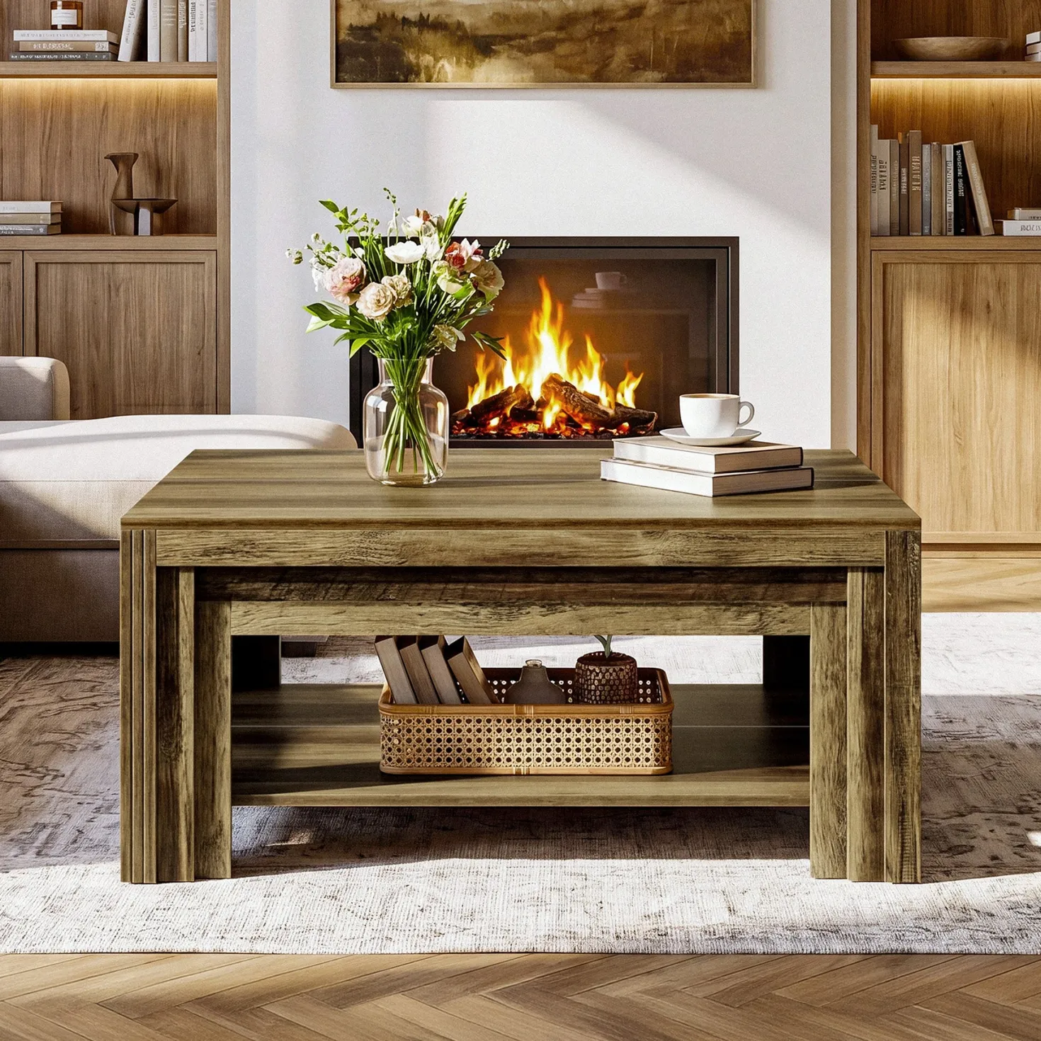 Tribesigns 39.37-Inch Square Coffee Table, Farmhouse Center Table with Shelf for Living Room