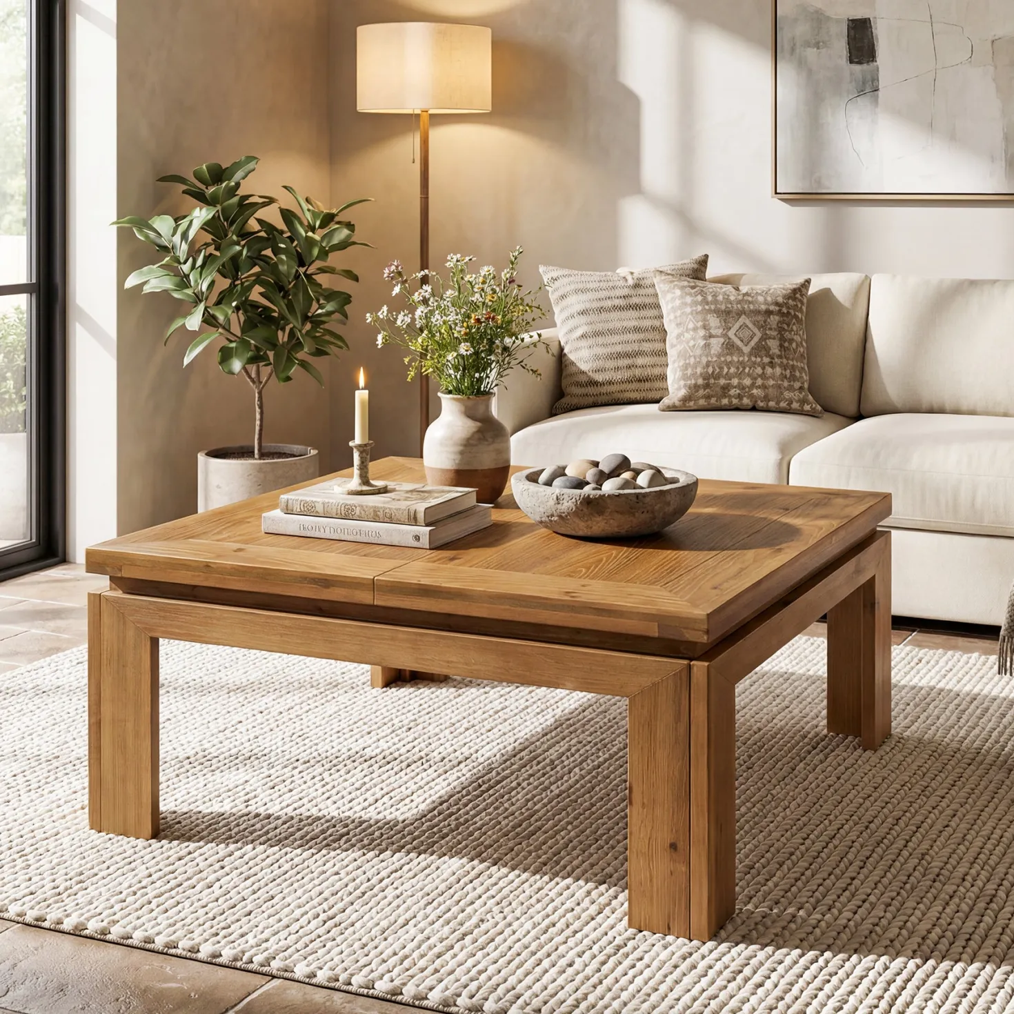 Tribesigns 39.4-Inch Square Coffee Table, Solid Wood Living Room Table