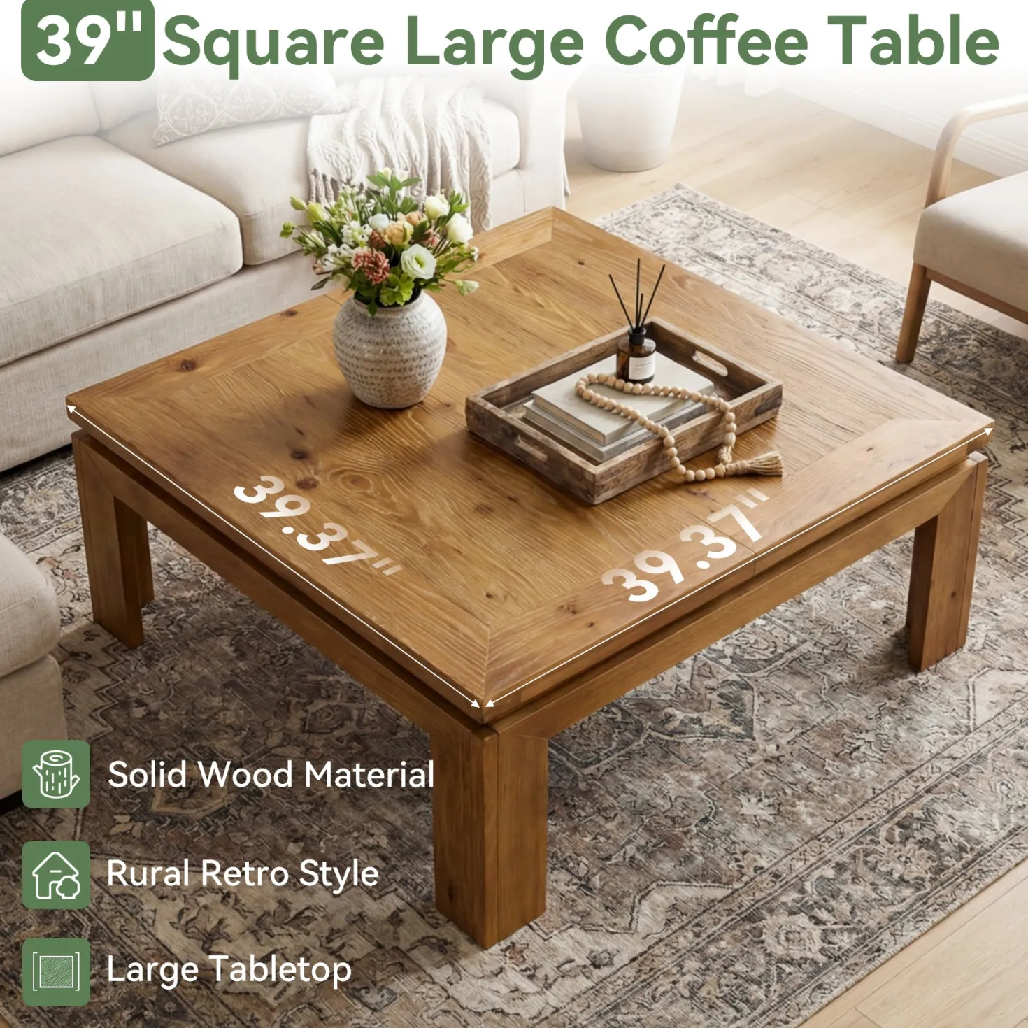 Tribesigns 39.4-Inch Square Coffee Table, Solid Wood Living Room Table