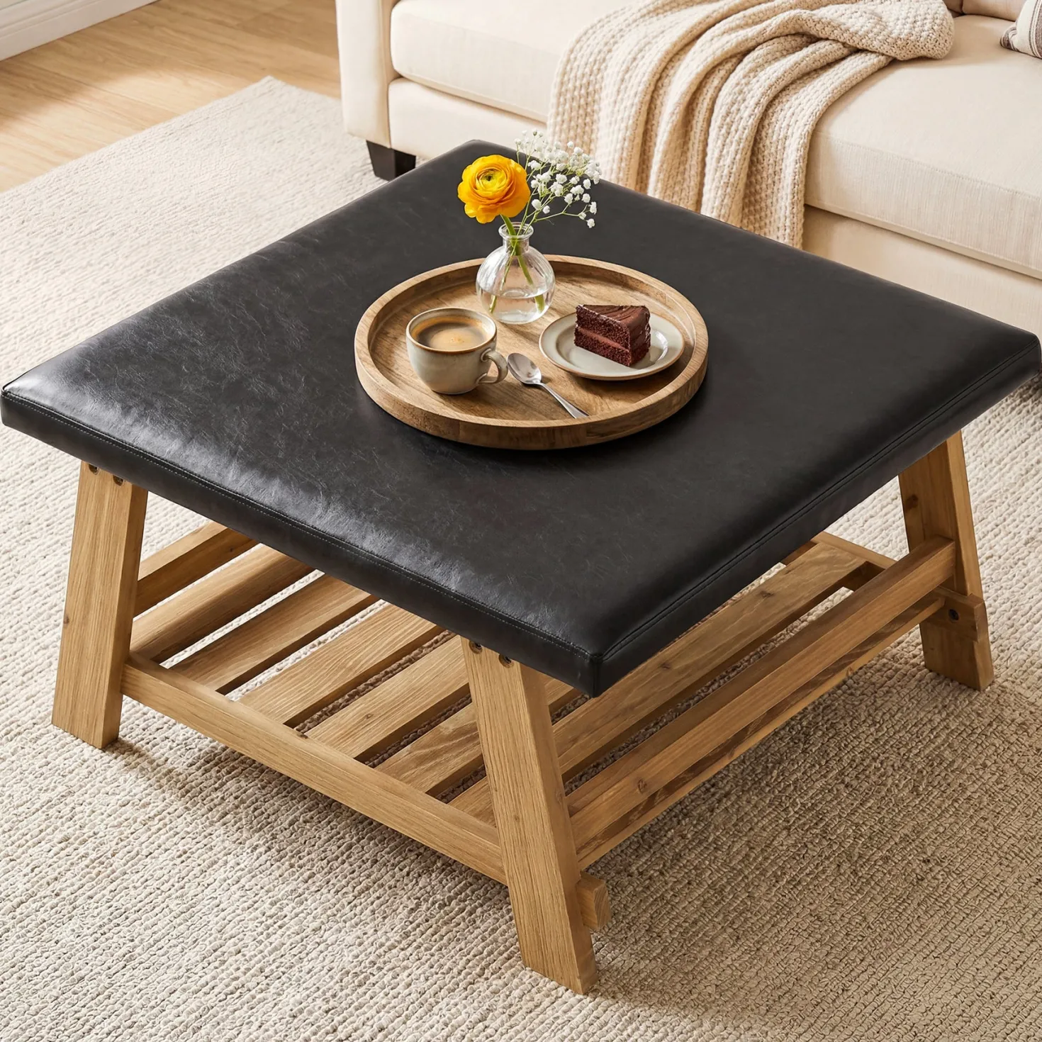 Tribesigns 31.5-Inch Square Ottoman Coffee Table, Storage Shelf Wood Accent Table for Living Room