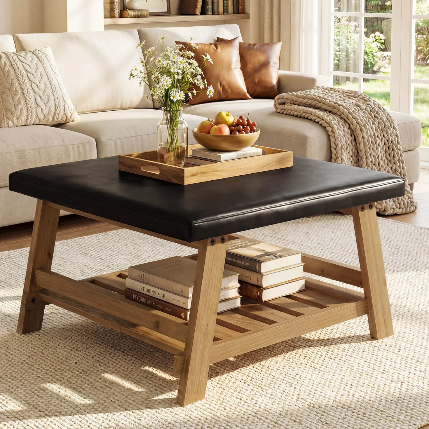 Tribesigns 31.5-Inch Square Ottoman Coffee Table, Storage Shelf Wood Accent Table for Living Room