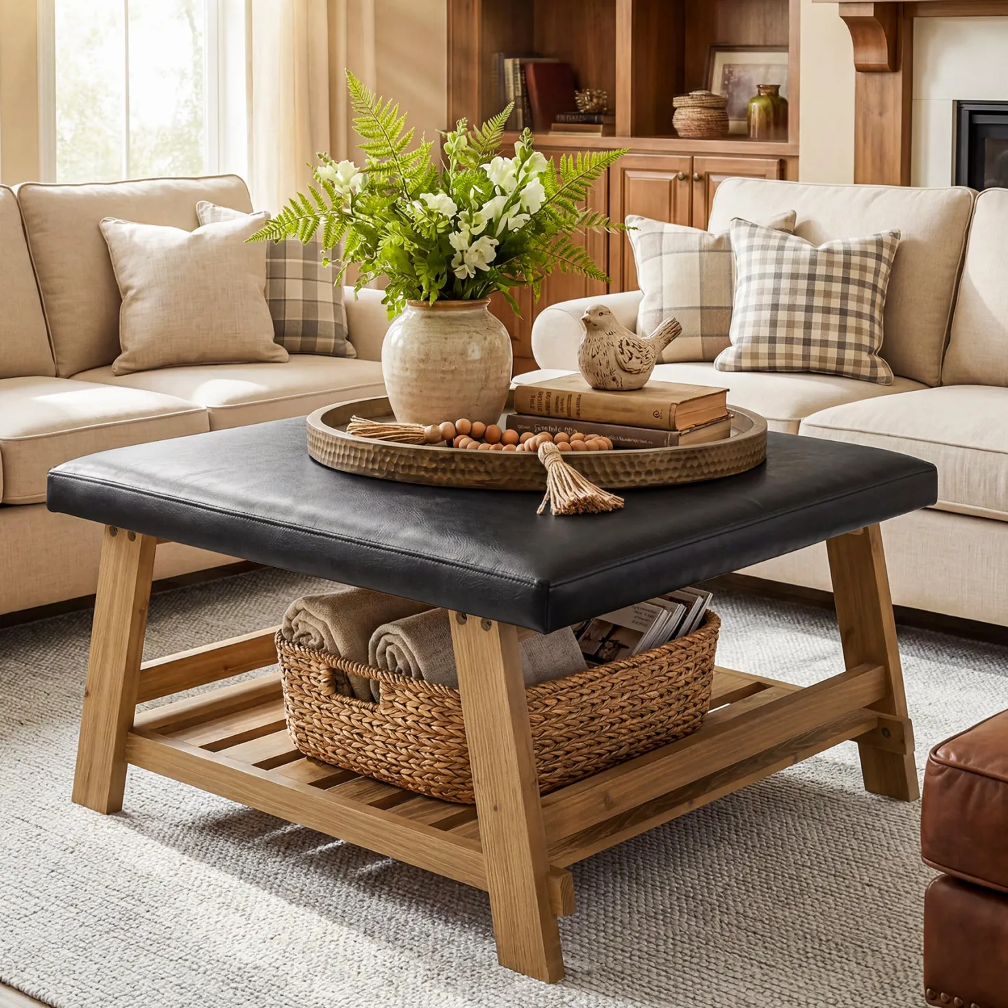 Tribesigns 31.5-Inch Square Ottoman Coffee Table, Storage Shelf Wood Accent Table for Living Room
