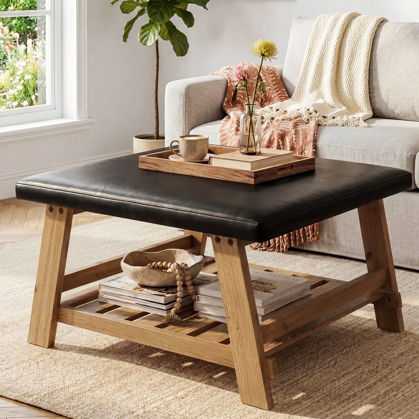 Tribesigns 31.5-Inch Square Ottoman Coffee Table, Storage Shelf Wood Accent Table for Living Room
