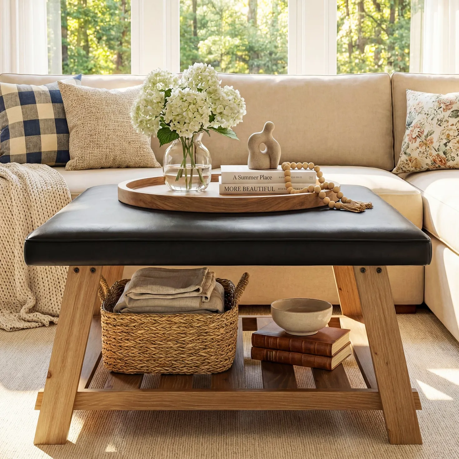 Tribesigns 31.5-Inch Square Ottoman Coffee Table, Storage Shelf Wood Accent Table for Living Room