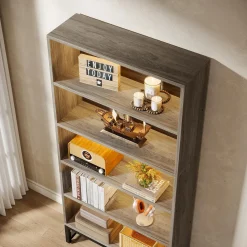 Tribesigns 70.8-Inch Tall Bookcase with LED Lights, 5-Tier Black Bookshelf Organizer