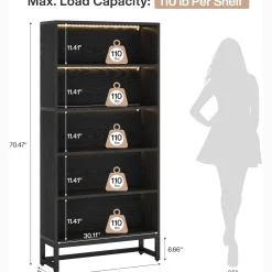 Tribesigns 70.8-Inch Tall Bookcase with LED Lights, 5-Tier Black Bookshelf Organizer