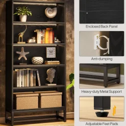 Tribesigns 70.8-Inch Tall Bookcase with LED Lights, 5-Tier Black Bookshelf Organizer