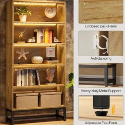 Tribesigns 70.8-Inch Tall Bookcase with LED Lights, 5-Tier Black Bookshelf Organizer