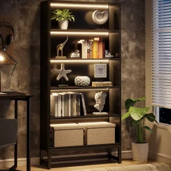 Tribesigns 70.8-Inch Tall Bookcase with LED Lights, 5-Tier Black Bookshelf Organizer