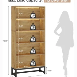 Tribesigns 70.8-Inch Tall Bookcase with LED Lights, 5-Tier Black Bookshelf Organizer