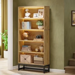 Tribesigns 70.8-Inch Tall Bookcase with LED Lights, 5-Tier Black Bookshelf Organizer