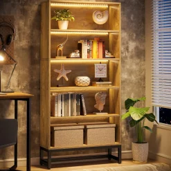 Tribesigns 70.8-Inch Tall Bookcase with LED Lights, 5-Tier Black Bookshelf Organizer